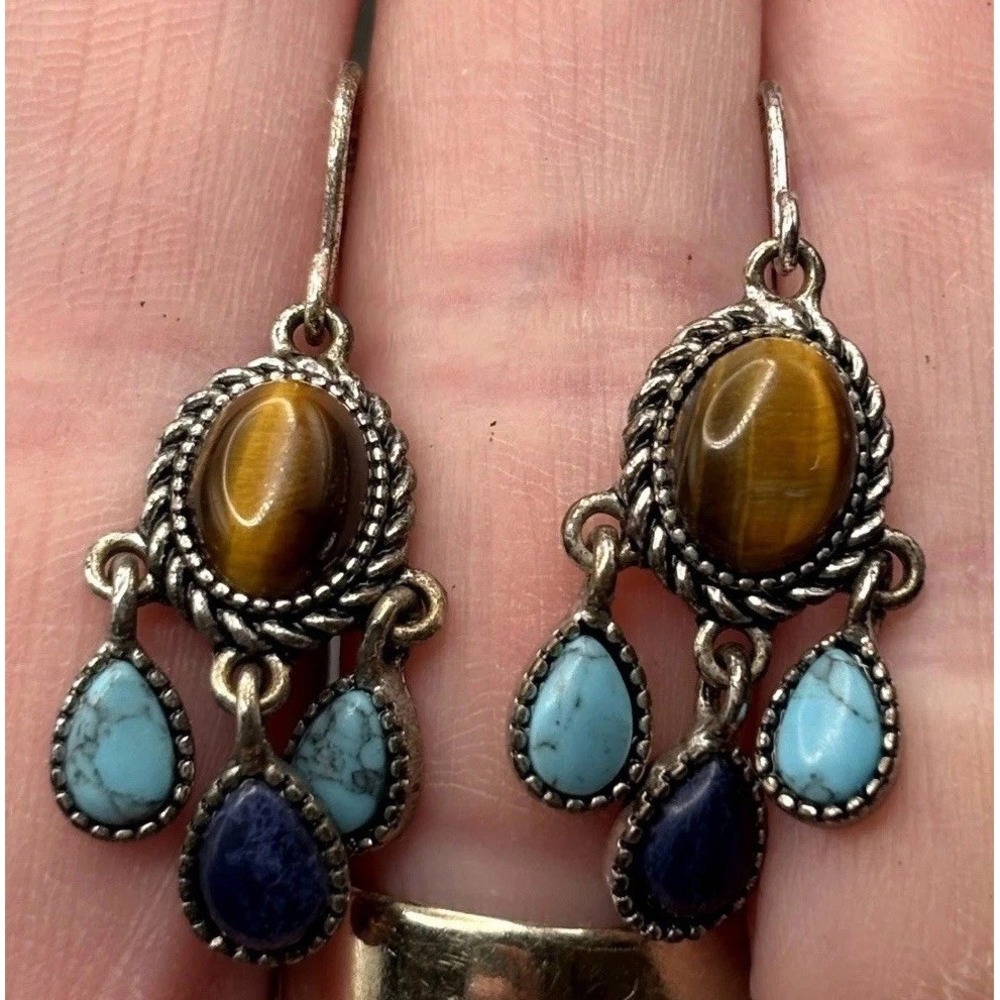 VTG Chaps By Ralph Lauren Tiger Eye Blue Stone Silver Tone Chandelier Earrings
